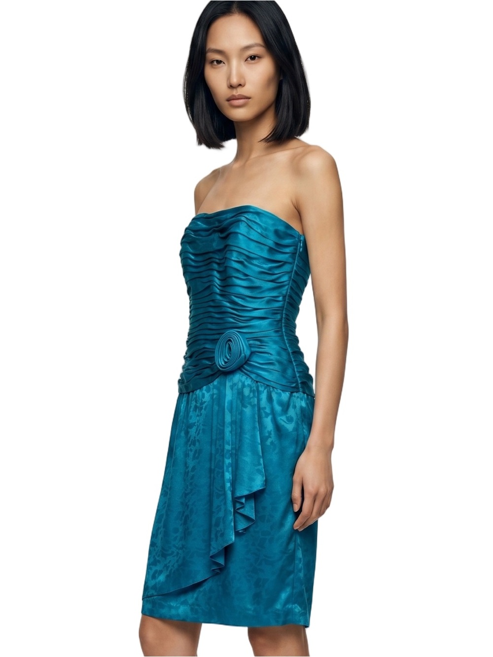 AJ BARI Vintage Blue Strapless mini cocktail dress Ruching Draping Quiet Luxury